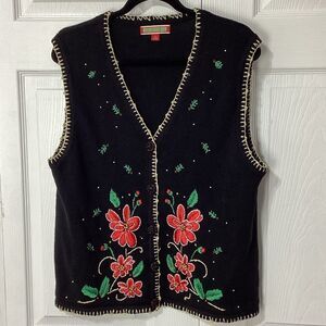 Christmas Holiday Vest Holiday Traditions Brand Poinsettia Design On Sweater L